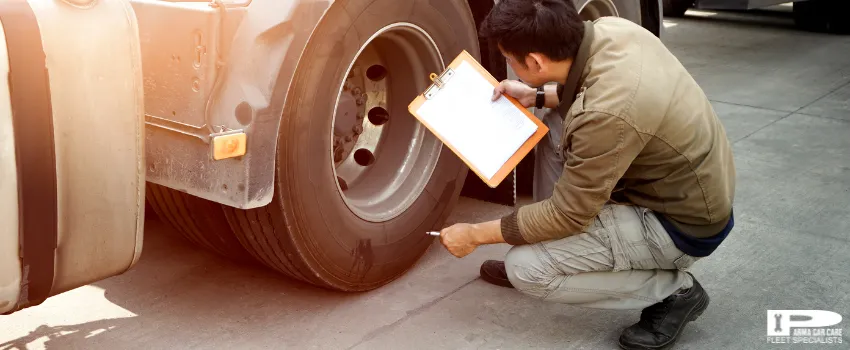 PCC - A truck driver inspecting his truck's tires