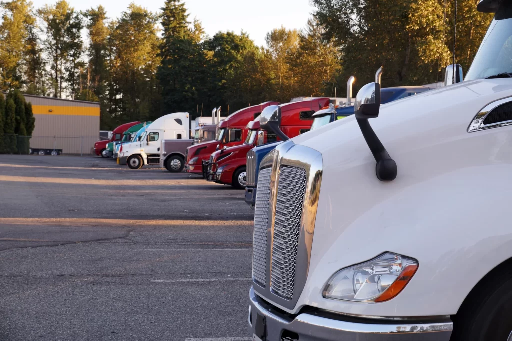 A fleet of trucks during a stopover or travel break.