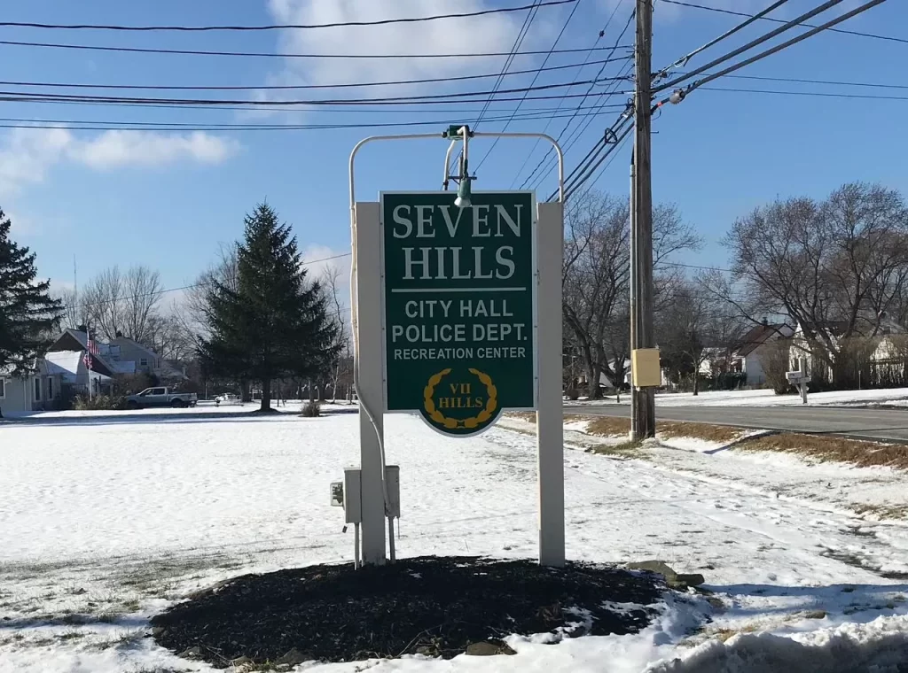 Seven Hills City Hall and Police department Recreation Center signage.